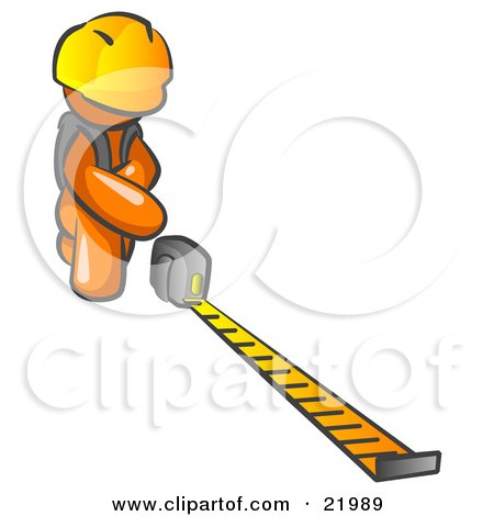 Clipart Picture Illustration of an Orange Man Contractor Wearing A Hardhat, Kneeling And Measuring by Leo Blanchette