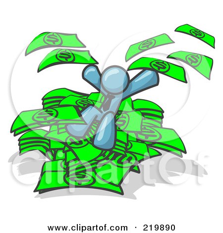 Royalty-Free (RF) Clipart Illustration of a Denim Blue Business Man Jumping in a Pile of Money and Throwing Cash Into the Air by Leo Blanchette