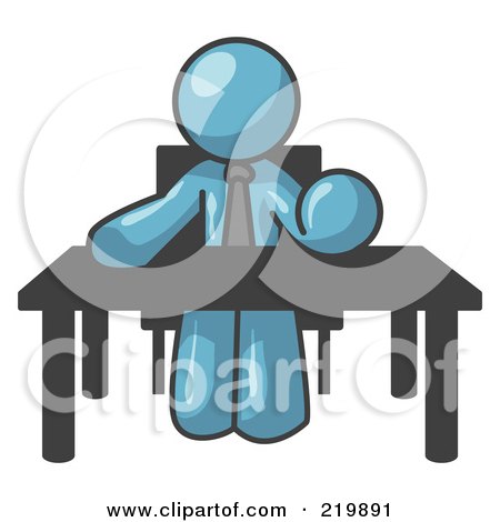 Royalty-Free (RF) Clipart Illustration of a Denim Blue Businessman Seated at a Desk, Instructing Employees by Leo Blanchette