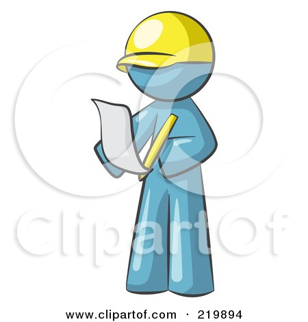 Royalty-Free (RF) Clipart Illustration of a Denim Blue Man Draftsman Reviewing Plans by Leo Blanchette