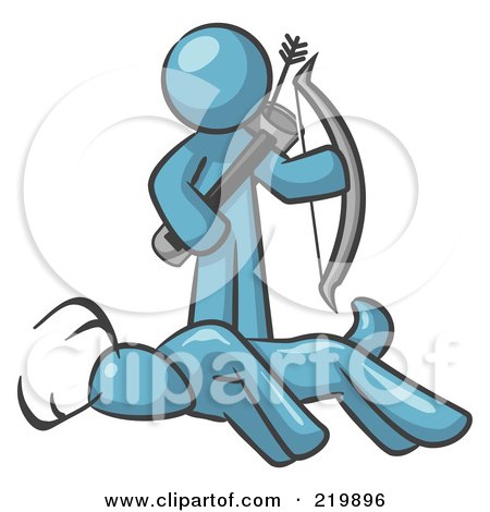 Royalty-Free (RF) Clipart Illustration of a Denim Blue Man, A Hunter, Holding A Bow And Arrow Over A Dead Buck Deer by Leo Blanchette