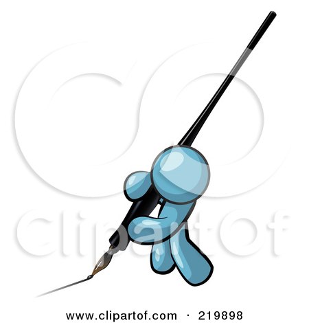 Royalty-Free (RF) Clipart Illustration of a Denim Blue Man Drawing A Line With A Large Black Calligraphy Ink Pen by Leo Blanchette
