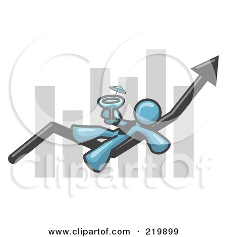 Royalty-Free (RF) Clipart Illustration of a Denim Blue Business Owner Man Relaxing on an Increase Bar and Drinking, Finally Taking a Break by Leo Blanchette