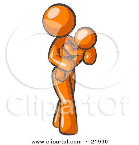 Clipart Picture Illustration of an Orange Woman Carrying Her Child In Her Arms, Symbolizing Motherhood And Parenting by Leo Blanchette