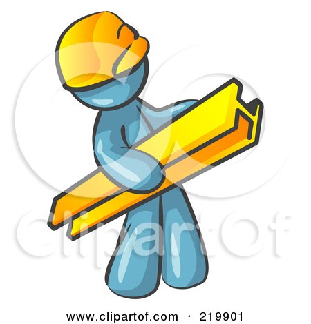 Royalty-Free (RF) Clipart Illustration of a Denim Blue Man Construction Worker Wearing A Hardhat And Carrying A Beam At A Work Site by Leo Blanchette