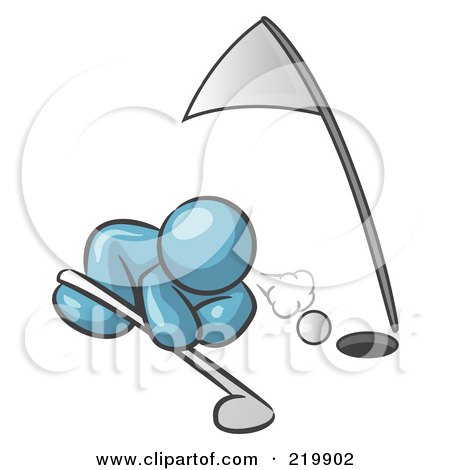 Royalty-Free (RF) Clipart Illustration of a Denim Blue Man Down On The Ground, Trying To Blow A Golf Ball Into The Hole by Leo Blanchette