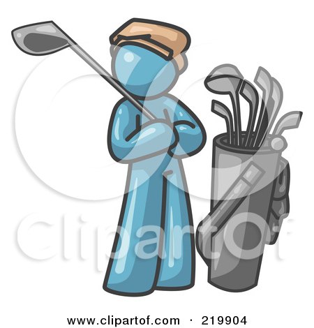 Royalty-Free (RF) Clipart Illustration of a Denim Blue Man Standing by His Golf Clubs by Leo Blanchette
