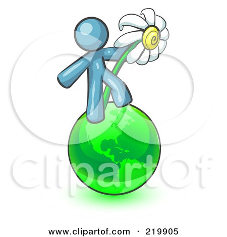 Royalty-Free (RF) Clipart Illustration of a Denim Blue Man Standing On The Green Planet Earth And Holding A White Daisy, Symbolizing Organics And Going Green For A Healthy Environment by Leo Blanchette