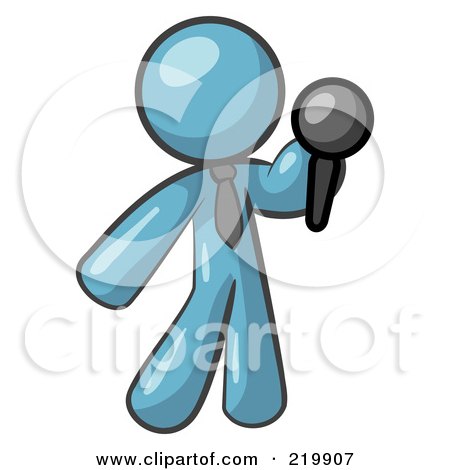 Royalty-Free (RF) Clipart Illustration of a Denim Blue Man Standing On Stage And Holding A Microphone While Singing Karaoke Or Telling Jokes by Leo Blanchette
