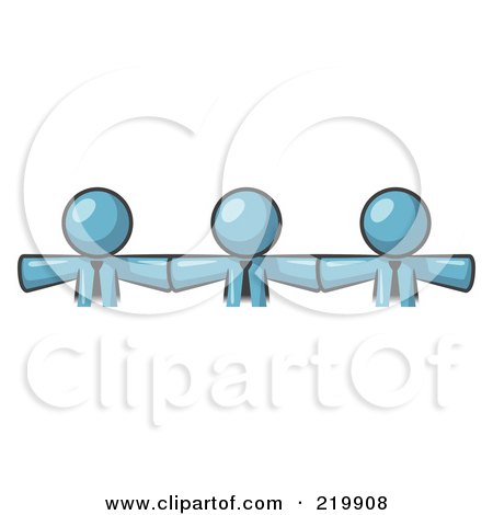 Royalty-Free (RF) Clipart Illustration of Three Denim Blue Businessmen Wearing Ties, Standing Arm To Arm, Symbolizing Team Work, Support, Interlinking, Interventions, Etc by Leo Blanchette
