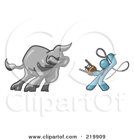 Royalty-Free (RF) Clipart Illustration of a Denim Blue Man Holding a Stool and Whip While Taming a Bull, Bull Market by Leo Blanchette