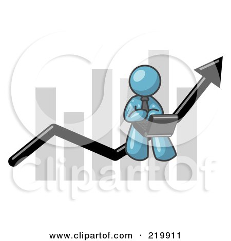 Royalty-Free (RF) Clipart Illustration of a Denim Blue Man Using a Laptop Computer, Riding the Increasing Arrow Line on a Business Chart Graph by Leo Blanchette