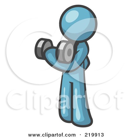 Royalty-Free (RF) Clipart Illustration of a Denim Blue Design Mascot Doing Bicep Curls by Leo Blanchette