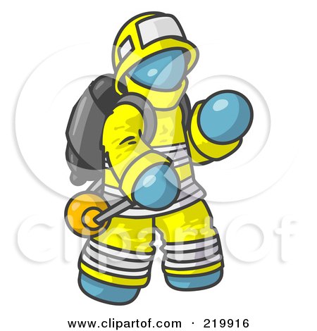 Royalty-Free (RF) Clipart Illustration of a Denim Blue Fireman in a Uniform, Fighting a Fire by Leo Blanchette