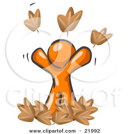 Clipart Picture Illustration of a Happy Orange Man Tossing Up Autumn Leaves In The Air, Symbolizing Happiness, Freedom, And Being Carefree by Leo Blanchette