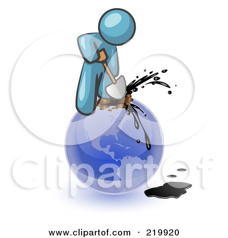 Royalty-Free (RF) Clipart Illustration of a Denim Blue Man Using A Shovel To Drill Oil Out Of Planet Earth  by Leo Blanchette