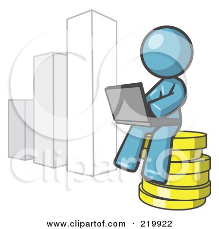 Royalty-Free (RF) Clipart Illustration of a Denim Blue Man Sitting On Coins And Using A Laptop By A Bar Graph by Leo Blanchette