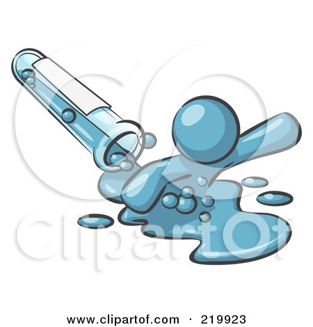 Royalty-Free (RF) Clipart Illustration of a Denim Blue Man Emerging From Spilled Chemicals Pouring Out Of A Glass Test Tube In A Laboratory by Leo Blanchette