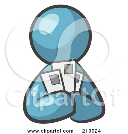 Royalty-Free (RF) Clipart Illustration of a Denim Blue Man Holding Three Coupons Or Envelopes, Symbolizing Communications Or Savings by Leo Blanchette