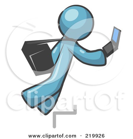 Royalty-Free (RF) Clipart Illustration of a Distracted Denim Blue Man Tripping On Steps While Texting On A Cell Phone by Leo Blanchette