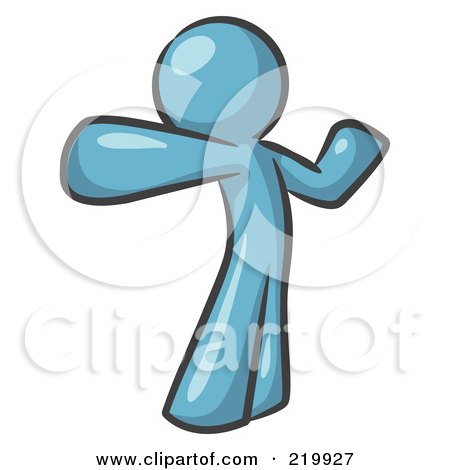 Royalty-Free (RF) Clipart Illustration of a Denim Blue Man Stretching His Arms And Back Or Punching The Air by Leo Blanchette