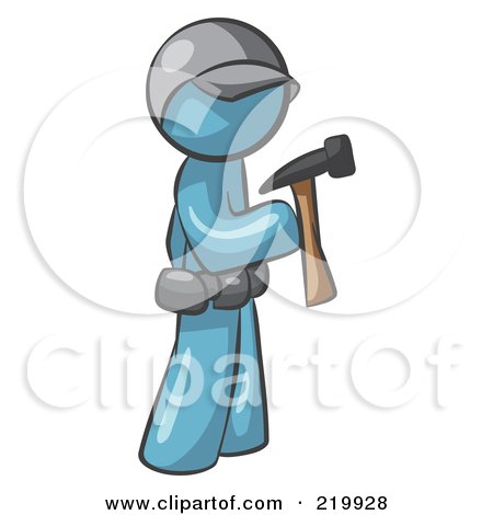 Royalty-Free (RF) Clipart Illustration of a Denim Blue Man Contractor Hammering by Leo Blanchette