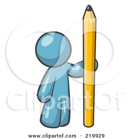 Royalty-Free (RF) Clipart Illustration of a Denim Blue Man Holding Up And Standing Beside A Giant Yellow Number Two Pencil by Leo Blanchette