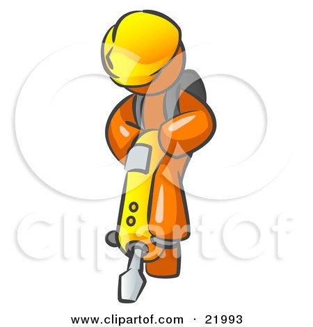 Clipart Picture Illustration of an Orange Construction Worker Man Wearing A Hardhat And Operating A Yellow Jackhammer While Doing Road Work by Leo Blanchette
