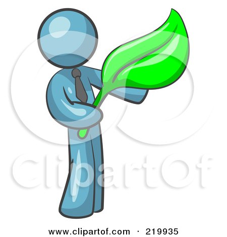 Royalty-Free (RF) Clipart Illustration of a Denim Blue Man Holding A Green Leaf, Symbolizing Gardening, Landscaping Or Organic Products by Leo Blanchette