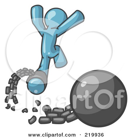 Royalty-Free (RF) Clipart Illustration of a Denim Blue Man Jumping For Joy While Breaking Away From a Ball and Chain, Symbolizing Freedom From Debt Or Divorce by Leo Blanchette