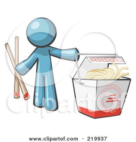 Royalty-Free (RF) Clipart Illustration of a Denim Blue Man Design Mascot Holding Chopsticks By A Chinese Takeout Container by Leo Blanchette