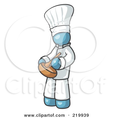 Royalty-Free (RF) Clipart Illustration of a Denim Blue Baker Chef Cook in Uniform and Chef's Hat, Stirring Ingredients in a Bowl by Leo Blanchette