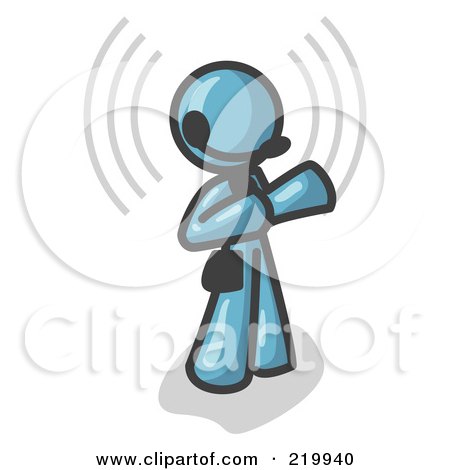 Royalty-Free (RF) Clipart Illustration of a Denim Blue Customer Service Representative Taking a Call With a Headset in a Call Center by Leo Blanchette