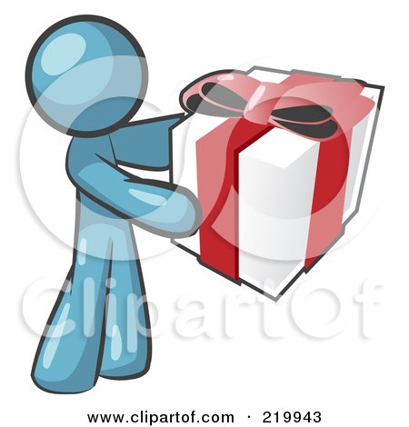 Royalty-Free (RF) Clipart Illustration of a Thoughtful Denim Blue Man Holding A Christmas, Birthday, Valentine's Day Or Anniversary Gift Wrapped In White Paper With Red Ribbon And A Bow by Leo Blanchette