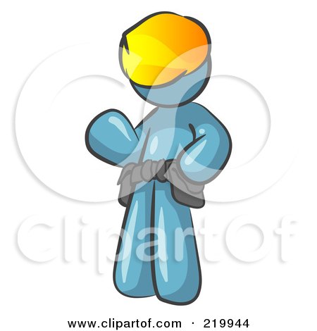Royalty-Free (RF) Clipart Illustration of a Friendly Denim Blue Construction Worker Or Handyman Wearing A Hardhat And Tool Belt And Waving by Leo Blanchette