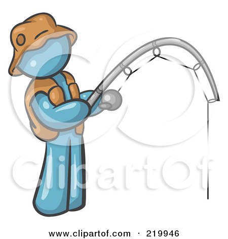 Royalty-Free (RF) Clipart Illustration of a Denim Blue Man Wearing A Hat And Vest And Holding A Fishing Pole by Leo Blanchette