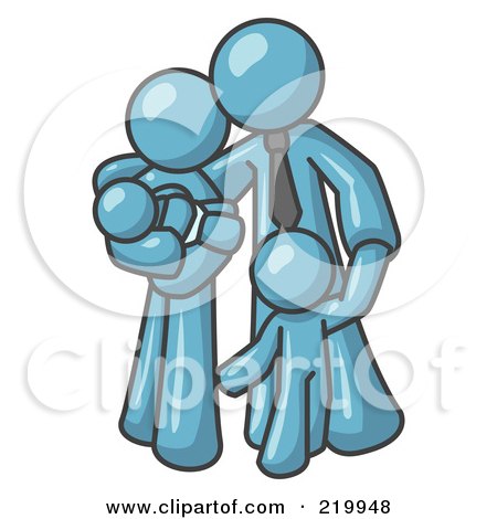 Royalty-Free (RF) Clipart Illustration of a Denim Blue Family Man, a Father, Hugging His Wife and Two Children by Leo Blanchette