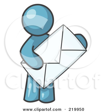 Royalty-Free (RF) Clipart Illustration of a Denim Blue Person Standing And Holding A Large Envelope, Symbolizing Communications And Email by Leo Blanchette
