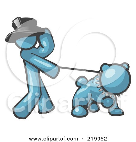 Royalty-Free (RF) Clipart Illustration of a Denim Blue Man Walking a Tough Bulldog on a Leash by Leo Blanchette
