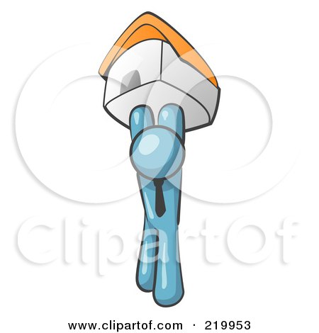 Royalty-Free (RF) Clipart Illustration of a Denim Blue Man Holding Up A House Over His Head, Symbolizing Home Loans and Realty by Leo Blanchette