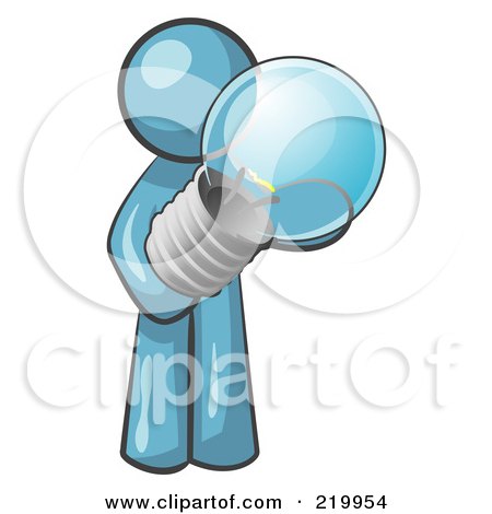 Royalty-Free (RF) Clipart Illustration of a Denim Blue Man Holding A Glass Electric Lightbulb, Symbolizing Utilities Or Ideas by Leo Blanchette