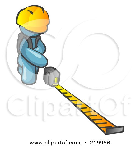 Royalty-Free (RF) Clipart Illustration of a Denim Blue Man Contractor Wearing A Hardhat, Kneeling And Measuring by Leo Blanchette