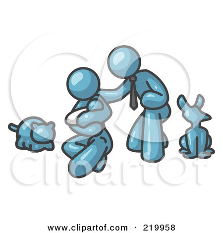 Royalty-Free (RF) Clipart Illustration of a Denim Blue Family, Father, Mother And Newborn Baby With Their Dog And Cat by Leo Blanchette