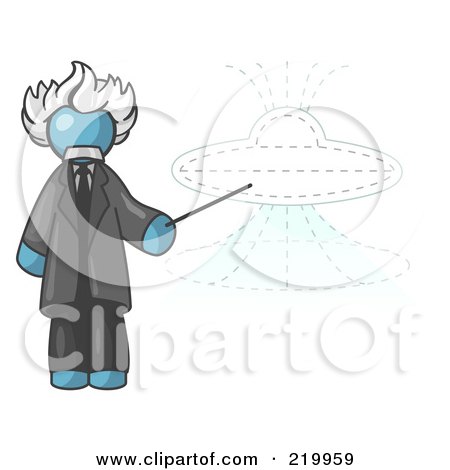 Royalty-Free (RF) Clipart Illustration of a Denim Blue Einstein Man Pointing a Stick at a Presentation of a Flying Saucer by Leo Blanchette