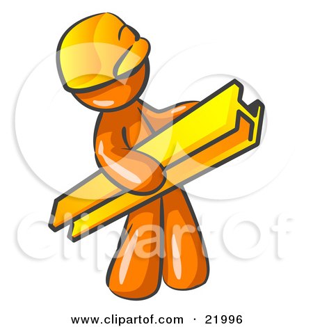 Clipart Picture Illustration of an Orange Man Construction Worker Wearing A Hardhat And Carrying A Beam At A Work Site by Leo Blanchette