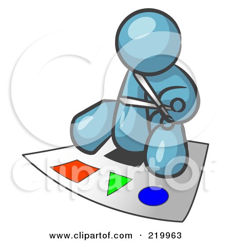Royalty-Free (RF) Clipart Illustration of a Denim Blue Man Holding A Pair Of Scissors And Sitting On A Large Poster Board With Colorful Shapes by Leo Blanchette
