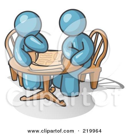 Royalty-Free (RF) Clipart Illustration of Two Denim Blue Businessmen Sitting at a Table, Discussing Papers by Leo Blanchette