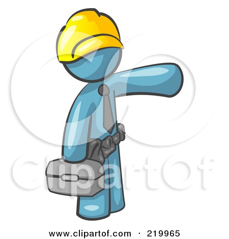 Royalty-Free (RF) Clipart Illustration of a Denim Blue Man, A Construction Worker, Handyman Or Electrician, Wearing A Yellow Hardhat And Tool Belt And Carrying A Metal Toolbox While Pointing To The Right  by Leo Blanchette