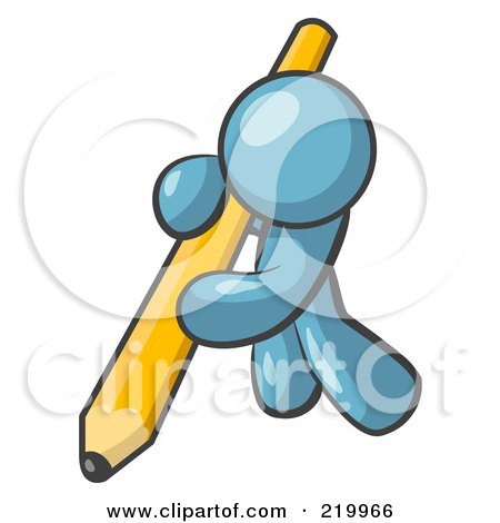 Royalty-Free (RF) Clipart Illustration of a Denim Blue Man Using All Of His Strength To Hold Up And Write With A Giant Yellow Number Two Pencil  by Leo Blanchette