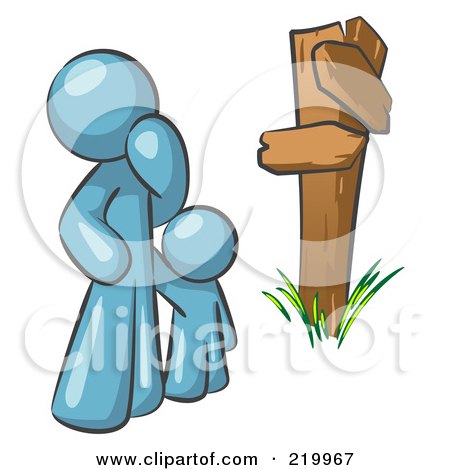 Royalty-Free (RF) Clipart Illustration of an Uncertain Denim Blue Man And Child Standing At A Wooden Post, Trying To Decide Which Direction To Go At A Crossroads by Leo Blanchette
